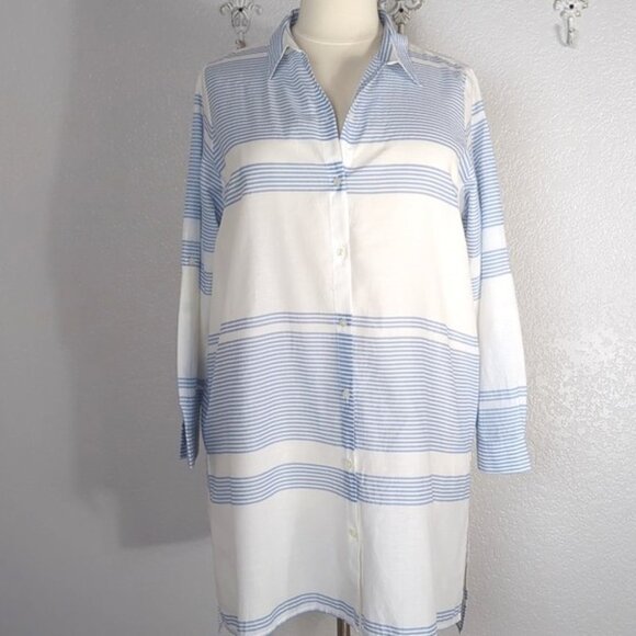 Ellen Weaver 2X Swim Cover Up Shirtdress Roll Tap Sleeves Blue White Stripes - Picture 1 of 6